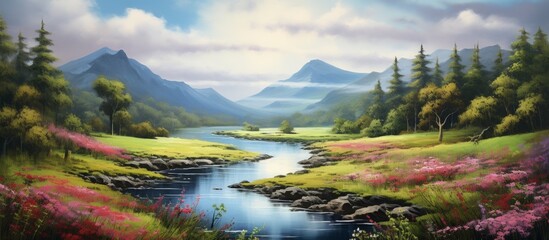 A picturesque natural landscape with a river flowing through a green field, surrounded by mountains, under a cloudy sky