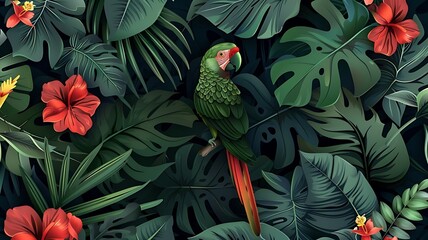 Tropical rainforest, parrots and flowers in the foreground, lush green leaves, vibrant colors, seamless pattern, vector illustration - obrazy, fototapety, plakaty