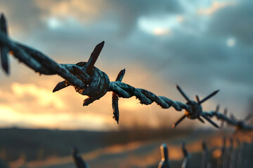barbed rusty wire against the background of the sunset sky. freedom and slavery