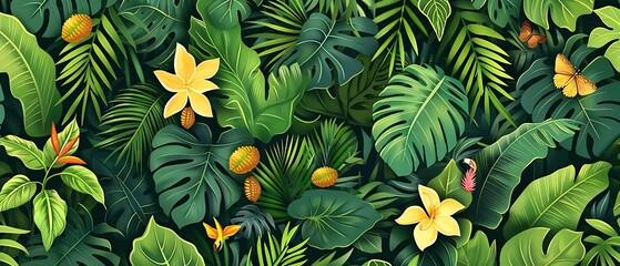Fototapeta premium Tropical rainforest Seamless background, greenery exotic nature forest environment with vibrant colourful wildlife birds and flowers, jungle scene.