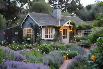 A quaint craftsman cottage exterior featuring pale lavender hues, surrounded by a serene garden oasis.
