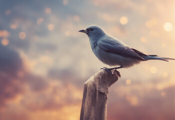 Small sparrow standing on wooden rod in sunset