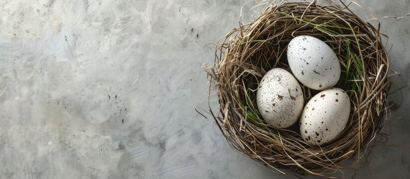 A nest containing hay and eggs set against a concrete background, symbolizing an easter card concept.
