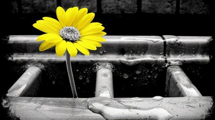  a black and white photo of a yellow flower in front of a black and white photo of a hand holding a yellow flower.