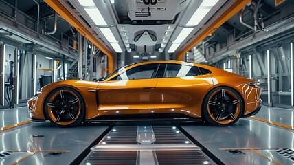 Futuristic concept an electric car in orange metallic color on board a spaceship or a futuristic...