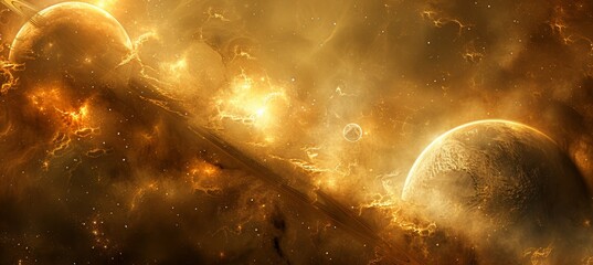 Surreal depiction of planets and solar flares amidst the expansive darkness of outer space