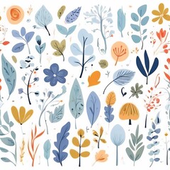 A collection of seamless pattern, colorful abstract plants and flowers. Hand drawn Collection of leaves and flowers. A close up of a pattern of flowers and leaves.
