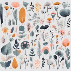 A collection of seamless pattern, colorful abstract plants and flowers. Hand drawn Collection of leaves and flowers. A close up of a pattern of flowers and leaves.
