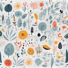 A collection of seamless pattern, colorful abstract plants and flowers. Hand drawn Collection of leaves and flowers. A close up of a pattern of flowers and leaves.
