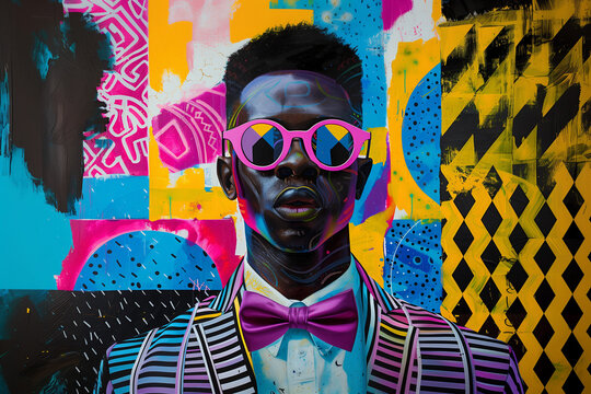 An abstract pop-art portrait composition of a man with colorful sunglasses with bold patterns and vibrant colors creating an attention-grabbing vibrant visual. 