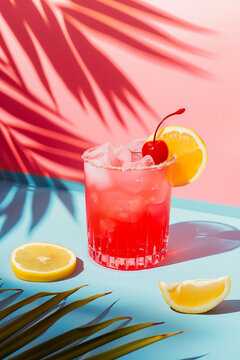 A vibrant image depicting a refreshing drink garnished with a cherry and citrus on a blue surface with a pink backdrop and palm tree shadow.