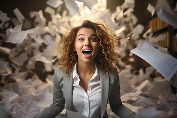emotional business woman in a suit in the office among flying papers and documents. deadline. concept of solving business issues during working hours