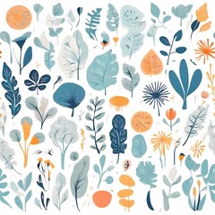 A collection of seamless pattern, colorful abstract plants and flowers. Hand drawn Collection of leaves and flowers. A close up of a pattern of flowers and leaves.
