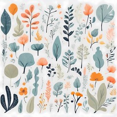 A collection of seamless pattern, colorful abstract plants and flowers. Hand drawn Collection of leaves and flowers. A close up of a pattern of flowers and leaves.
