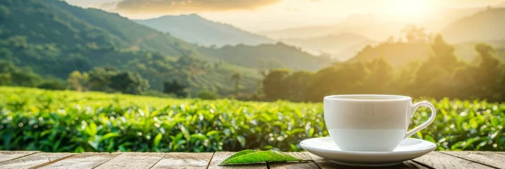 Poster Green tea cup with mountain plantation background  serene scene with room for text © Ilja