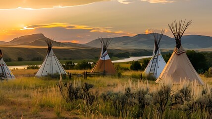 A group of teepee tents in the plains near river, view of an Indian native American village with tipis set, beautiful landscape, symbolizing native American Red Indian's life.