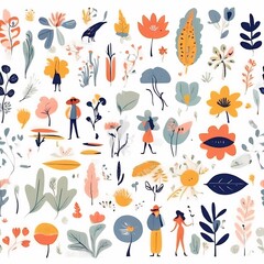 A collection of seamless pattern, colorful abstract plants and flowers. Hand drawn Collection of leaves and flowers. A close up of a pattern of flowers and leaves.
