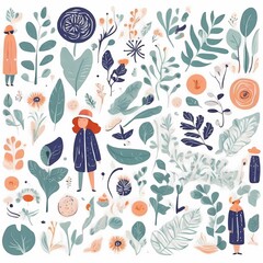 A collection of seamless pattern, colorful abstract plants and flowers. Hand drawn Collection of leaves and flowers. A close up of a pattern of flowers and leaves.
