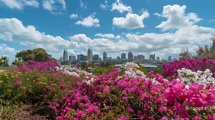 San Diego City skyline view, beautiful flowers in foreground and san diego city buildings on the background, on a sunny day, cloudy blue sky, panoramic view.