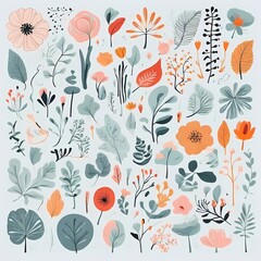 A collection of seamless pattern, colorful abstract plants and flowers. Hand drawn Collection of leaves and flowers. A close up of a pattern of flowers and leaves.
