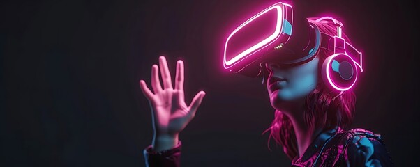 VR headset, exploring the metaverse. 3d render of the woman, wearing pink glowing virtual reality glasses on black background. Woman exploring things in cyberspace, buying items.