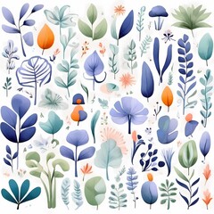 A collection of seamless pattern, colorful abstract plants and flowers. Hand drawn Collection of leaves and flowers. A close up of a pattern of flowers and leaves.
