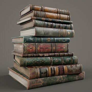 Book Stack: Begin by creating a realistic 3D render of a stack of books, representing the academic aspect of education. Ensure that each book has intricate details such as textures on the cover.