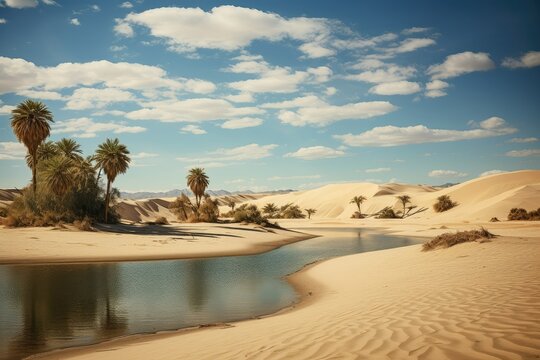 Oasis in the middle of the desert. Sand dunes and palm trees. Ancient Arabian desert oasis landscape at sunset with palm groves.