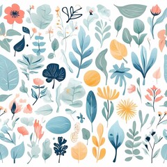 A collection of seamless pattern, colorful abstract plants and flowers. Hand drawn Collection of leaves and flowers. A close up of a pattern of flowers and leaves.
