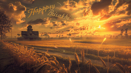 A radiant Baisakhi sunrise over a lush farm, with fields of golden crops ready for harvest and a vibrant "Happy Baisakhi" greeting written in the sky.