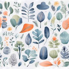 A collection of seamless pattern, colorful abstract plants and flowers. Hand drawn Collection of leaves and flowers. A close up of a pattern of flowers and leaves.
