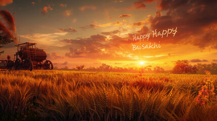 A radiant Baisakhi sunrise over a lush farm, with fields of golden crops ready for harvest and a vibrant "Happy Baisakhi" greeting written in the sky.