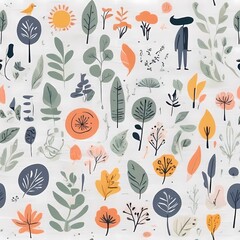 A collection of seamless pattern, colorful abstract plants and flowers. Hand drawn Collection of leaves and flowers. A close up of a pattern of flowers and leaves.
