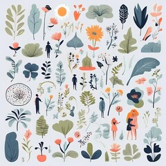 A collection of seamless pattern, colorful abstract plants and flowers. Hand drawn Collection of leaves and flowers. A close up of a pattern of flowers and leaves.
