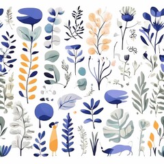 A collection of seamless pattern, colorful abstract plants and flowers. Hand drawn Collection of leaves and flowers. A close up of a pattern of flowers and leaves.
