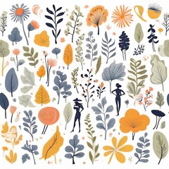 A collection of seamless pattern, colorful abstract plants and flowers. Hand drawn Collection of leaves and flowers. A close up of a pattern of flowers and leaves.
