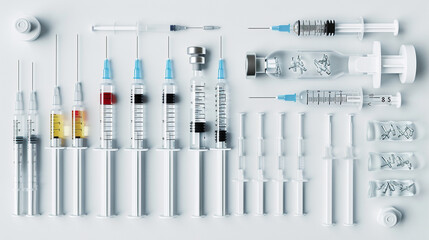 Array of Vaccine Vials and Syringes on White Background