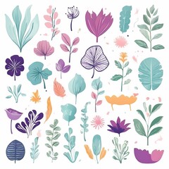 A collection of seamless pattern, colorful abstract plants and flowers. Hand drawn Collection of leaves and flowers. A close up of a pattern of flowers and leaves.
