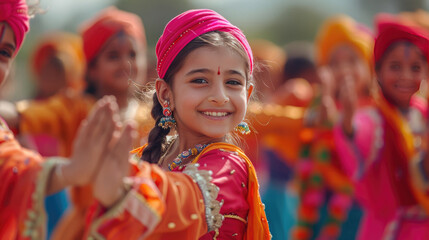 Fototapeta na wymiar Adorable kids participating in a lively Baisakhi dance performance, their faces beaming with happiness as they showcase the colorful and energetic moves of this festive occasion.