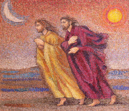 MILAN, ITALY - MARCH 8, 2024: The mosaic of St. Peter and John running to the empty tomb in the church Chiesa di Santi Quattro Evangelisti by Italo Persson and Silvio Consadori from 20. cent.