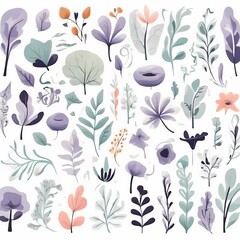 A collection of seamless pattern, colorful abstract plants and flowers. Hand drawn Collection of leaves and flowers. A close up of a pattern of flowers and leaves.
