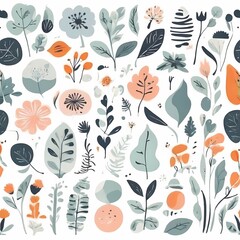 A collection of seamless pattern, colorful abstract plants and flowers. Hand drawn Collection of leaves and flowers. A close up of a pattern of flowers and leaves.
