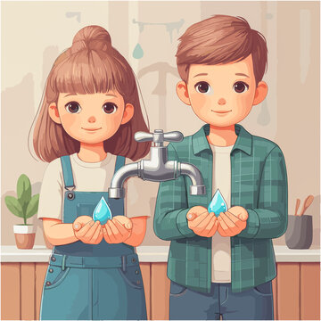 Cute boy and girl washing hands in the bathroom