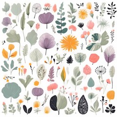 A collection of seamless pattern, colorful abstract plants and flowers. Hand drawn Collection of leaves and flowers. A close up of a pattern of flowers and leaves.
