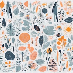 A collection of seamless pattern, colorful abstract plants and flowers. Hand drawn Collection of leaves and flowers. A close up of a pattern of flowers and leaves.
