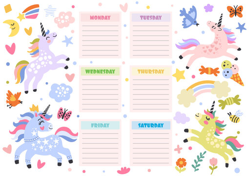 Cute four unicorns printable weekly planner vector - Powered by Adobe