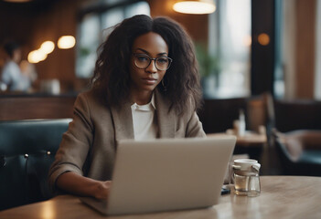 Image of young african american businesswoman in eyeglasses using laptop while sitting in cafe Remote work concept - Powered by Adobe