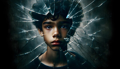 sad young boy with curly black hair looking through the shattered glass. - obrazy, fototapety, plakaty