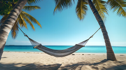 Beautiful summer lanscape. Hammock on beach with turquoise water and palm trees. Vacation concept.