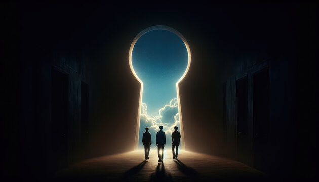 three silhouetted figures stand in a dark hallway facing a large, keyhole-shaped opening at the end of the hallway.